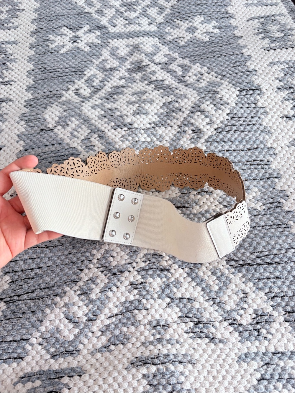 Cream Elastic Waist Belt with Laser-Cut Faux-Leather Trim